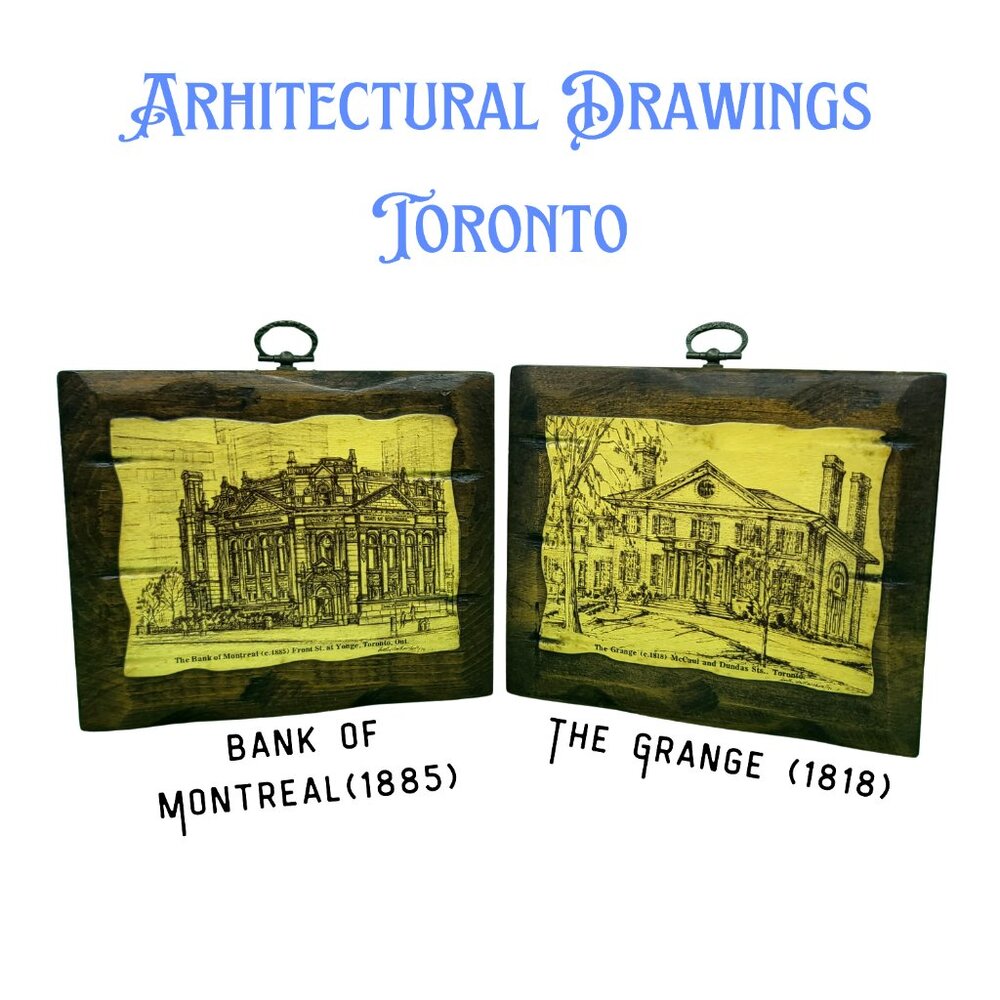Rare Vintage Toronto Architectural Drawing Art Wall Decor Set of 2 4x6 Signed